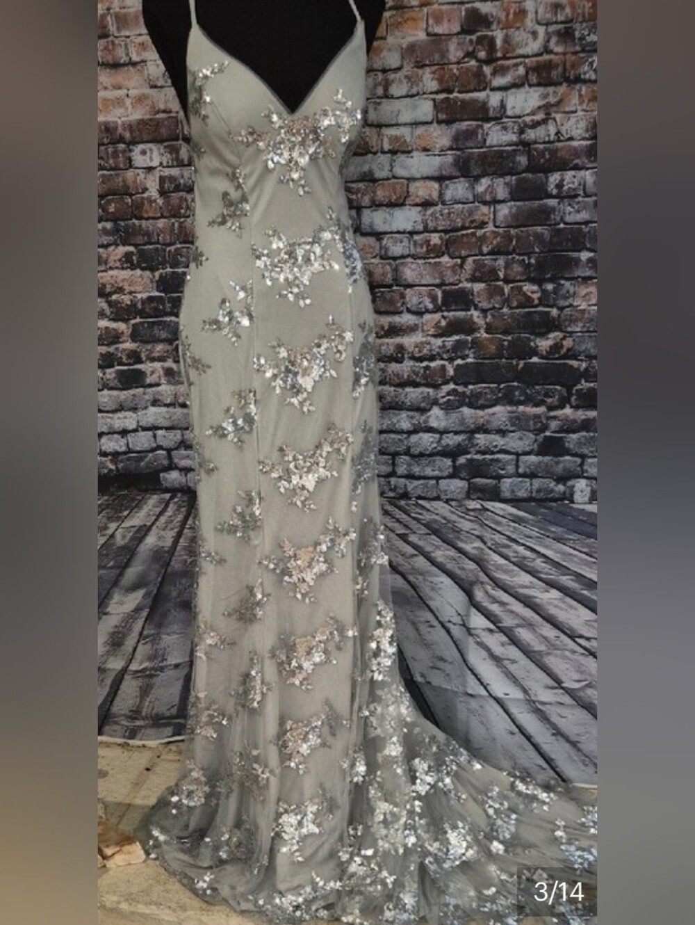 Stacees Silver Sequin Floral Spaghetti-Strap Mermaid Prom Gown